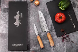 Wabenförmige Santoku-Box 17 cm + Office 9 cm Griff aus Wusaki-Damast 10Cr-Olivenholz