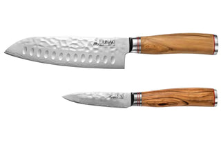 Wabenförmige Santoku-Box 17 cm + Office 9 cm Griff aus Wusaki-Damast 10Cr-Olivenholz