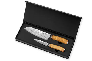 Wabenförmige Santoku-Box 17 cm + Office 9 cm Griff aus Wusaki-Damast 10Cr-Olivenholz